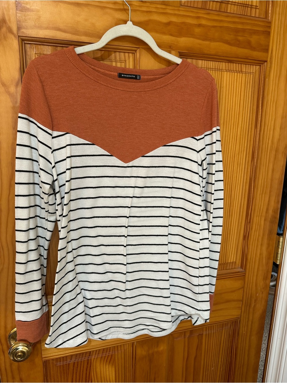Staccato Rust Chevron Yoke Cream and Black Striped Long Sleeve Top